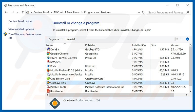 OneSave adware uninstall via Control Panel