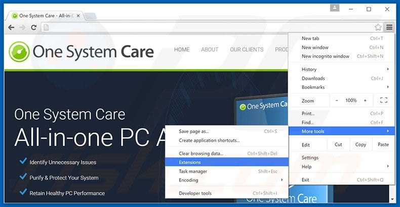 Removing One System Care  ads from Google Chrome step 1