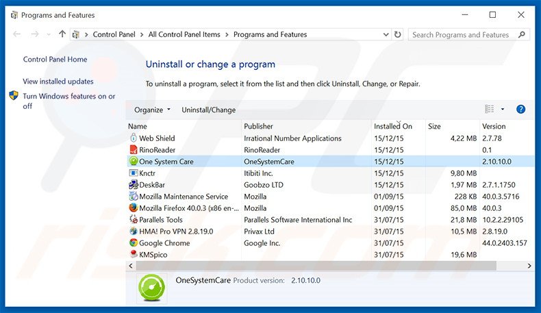 One System Care adware uninstall via Control Panel