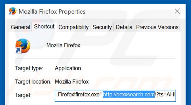 Removing ooxxsearch.com from Mozilla Firefox shortcut target step 2