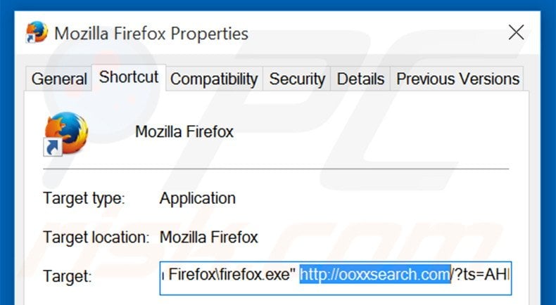 Removing ooxxsearch.com from Mozilla Firefox shortcut target step 2