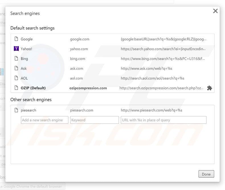 Removing search.ozipcompression.com from Google Chrome default search engine