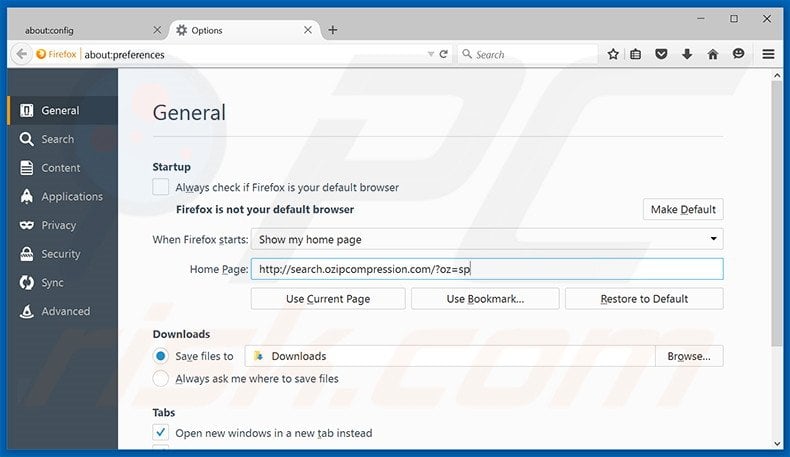 Removing search.ozipcompression.com from Mozilla Firefox homepage