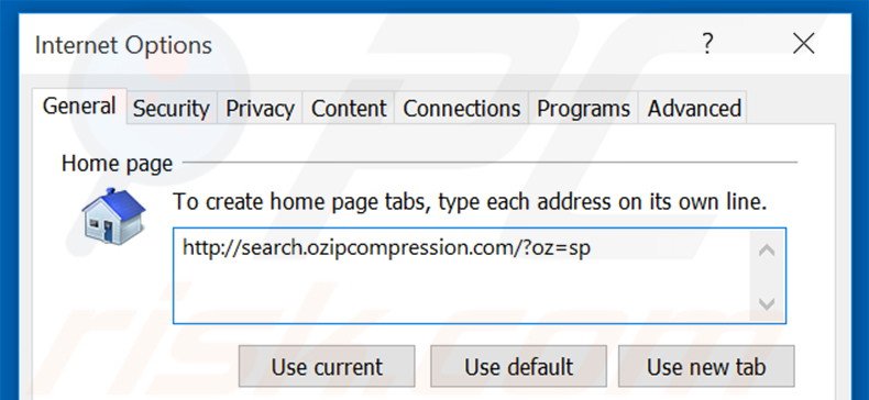 Removing search.ozipcompression.com from Internet Explorer homepage