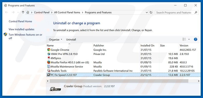 PC Fix Speed adware uninstall via Control Panel