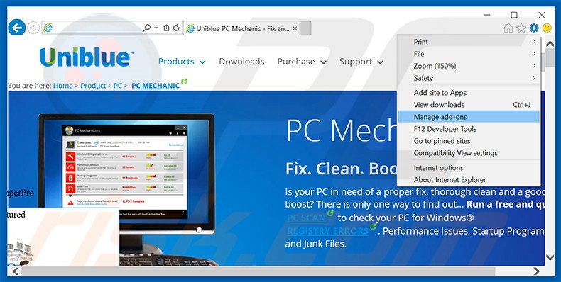 Removing PC Mechanic ads from Internet Explorer step 1