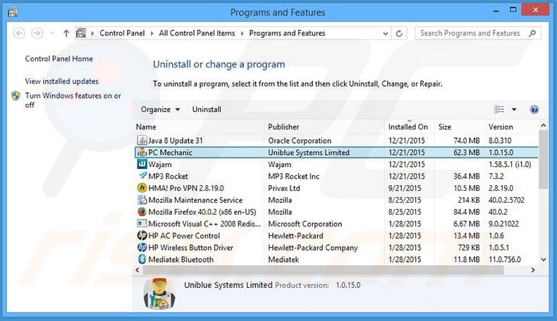 PC Mechanic adware uninstall via Control Panel