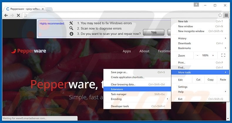 Removing PepperZip  ads from Google Chrome step 1