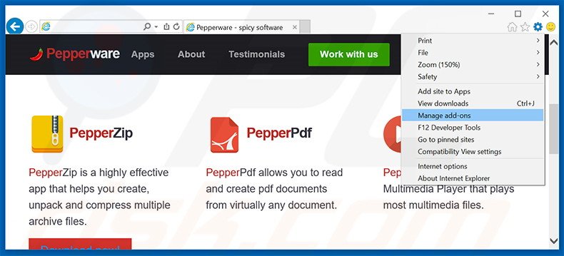 Removing PepperZip ads from Internet Explorer step 1