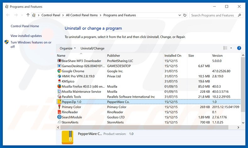 PepperZip adware uninstall via Control Panel