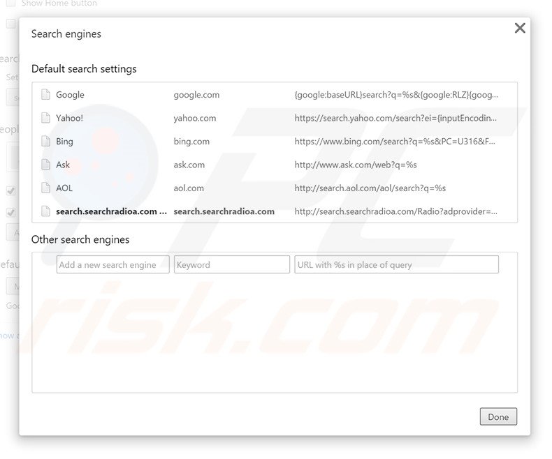 Removing search.searchradioa.com from Google Chrome default search engine