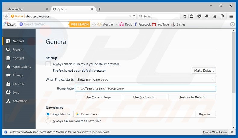 Removing search.searchradioa.com from Mozilla Firefox homepage