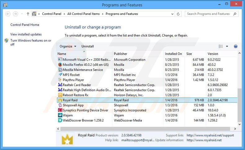 royal raid adware uninstall via Control Panel