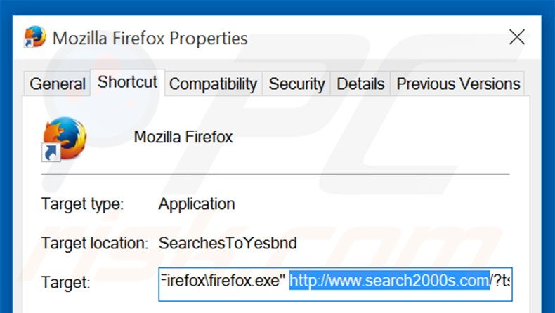 Removing search2000s.com from Mozilla Firefox shortcut target step 2
