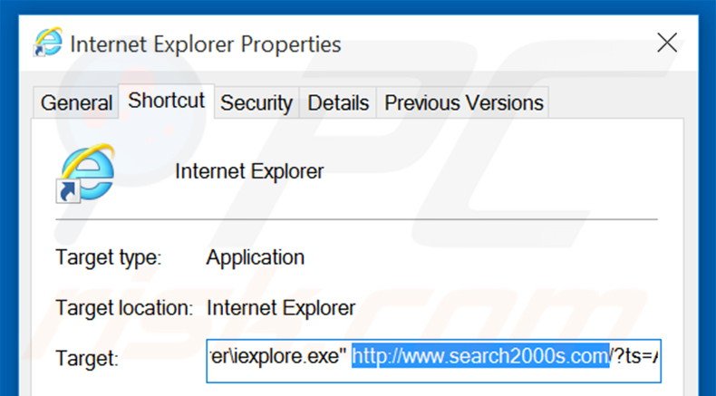 Removing search2000s.com from Internet Explorer shortcut target step 2