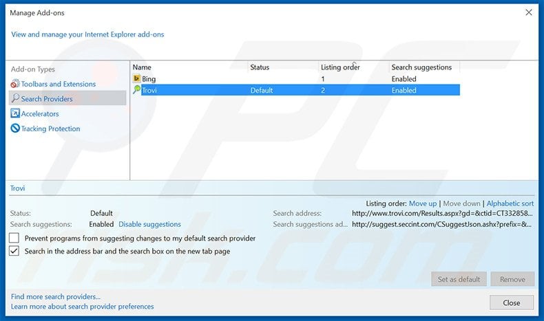 Removing trovi.com from Internet Explorer default search engine