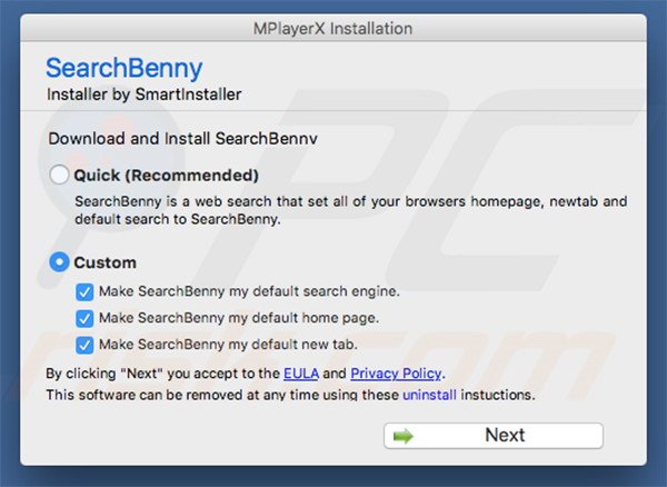 Delusive installer used to promote search.searchbenny.com