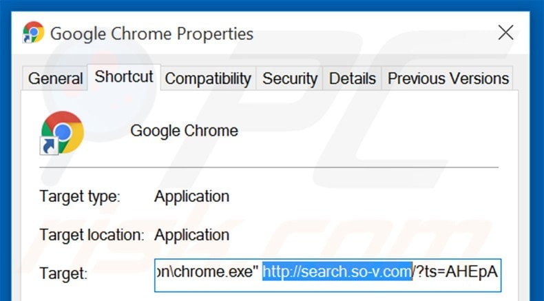 Removing search.so-v.com from Google Chrome shortcut target step 2