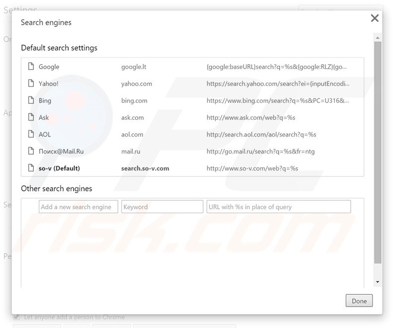 Removing search.so-v.com from Google Chrome default search engine