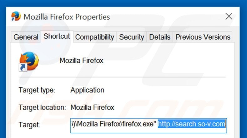 Removing search.so-v.com from Mozilla Firefox shortcut target step 2