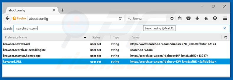 Removing search.so-v.com from Mozilla Firefox default search engine