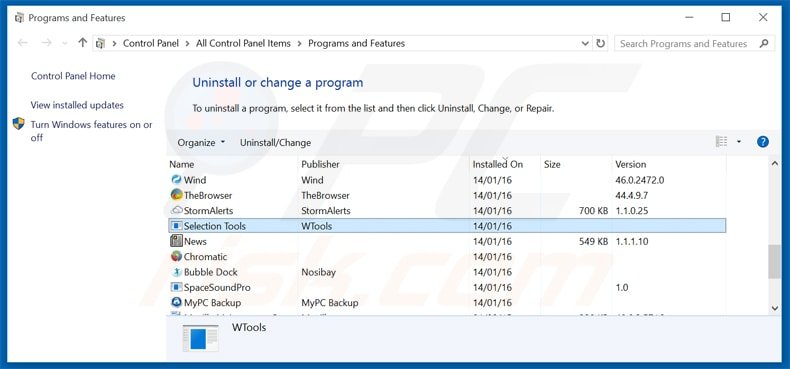 selection tools adware uninstall via Control Panel