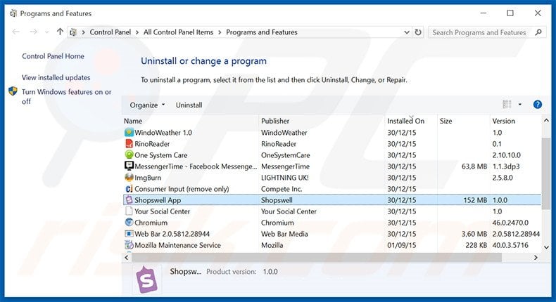 Shopswell adware uninstall via Control Panel