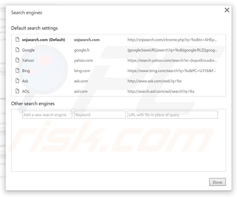 Removing snjsearch.com from Google Chrome default search engine