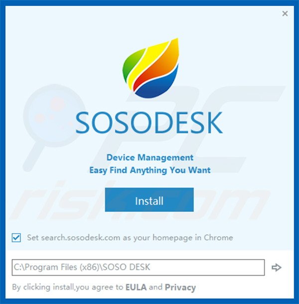 Official SOSO DESK browser hijacker installation set-up