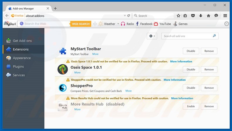Removing sugabit.net related Mozilla Firefox extensions