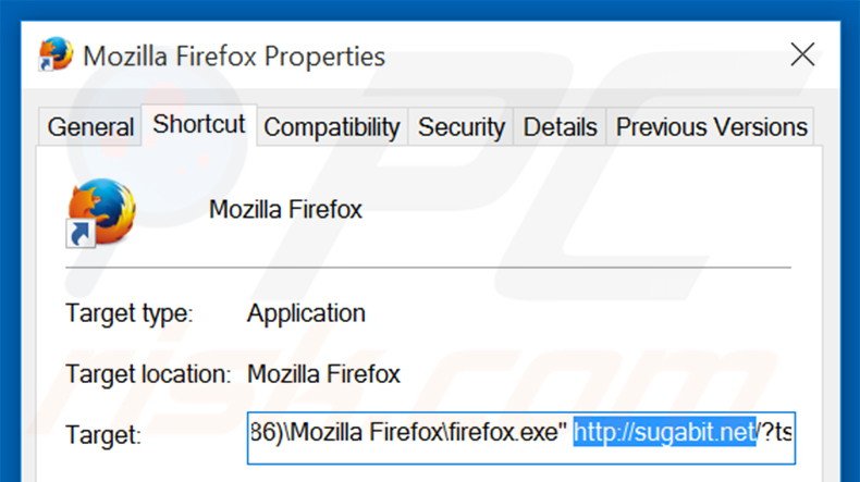 Removing sugabit.net from Mozilla Firefox shortcut target step 2