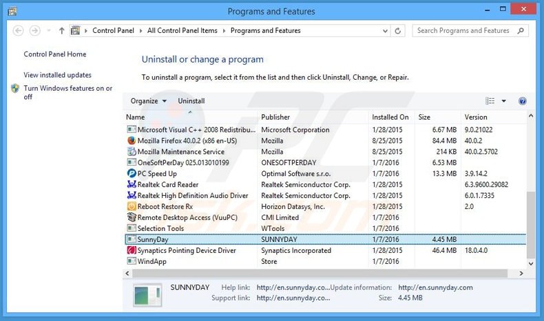 sunnydayapp adware uninstall via Control Panel
