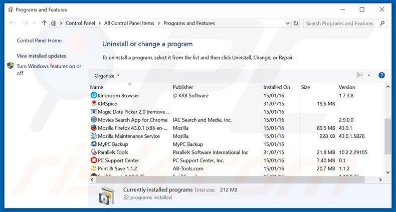 Taboola adware uninstall via Control Panel