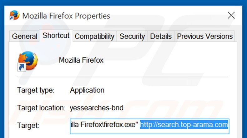 Removing search.top-arama.com from Mozilla Firefox shortcut target step 2