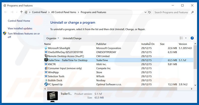 TrailerTime adware uninstall via Control Panel