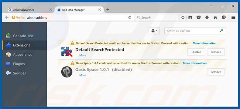 Removing universalsearches.com related Mozilla Firefox extensions