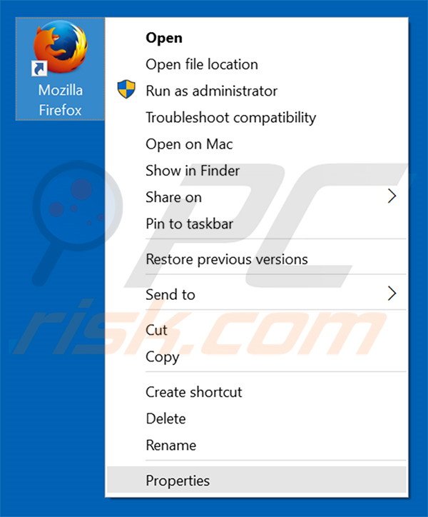 Removing universalsearches.com from Mozilla Firefox shortcut target step 1