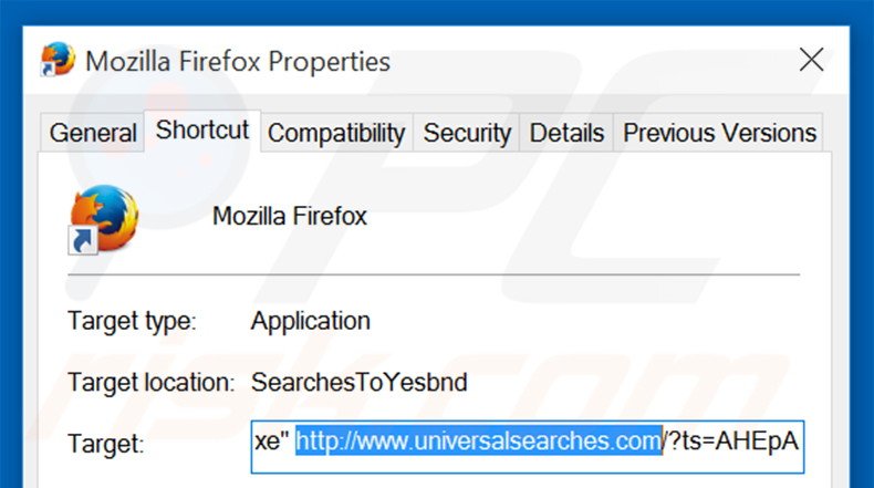 Removing universalsearches.com from Mozilla Firefox shortcut target step 2