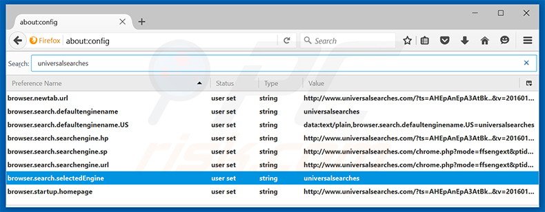 Removing universalsearches.com from Mozilla Firefox default search engine