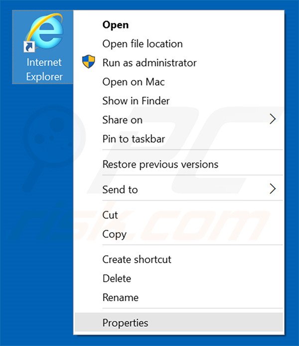 Removing universalsearches.com from Internet Explorer shortcut target step 1