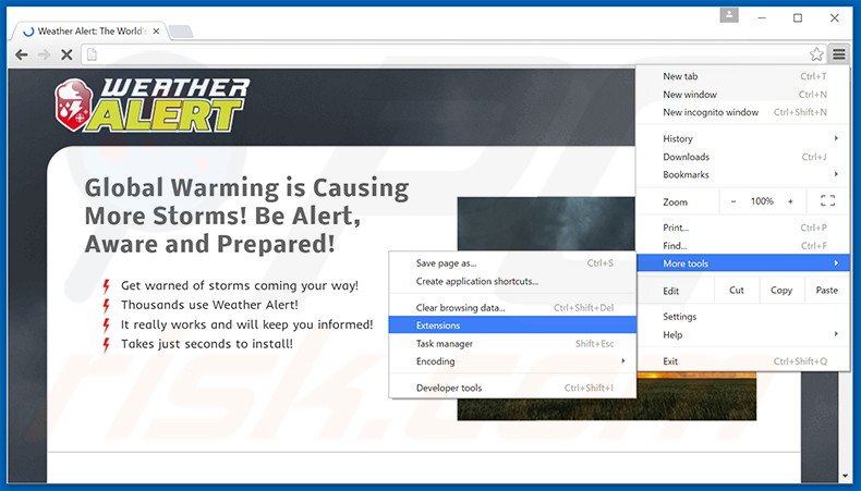 Removing Weather Alert  ads from Google Chrome step 1