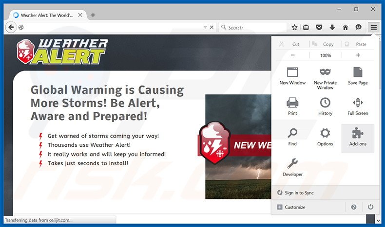 Removing Weather Alert ads from Mozilla Firefox step 1