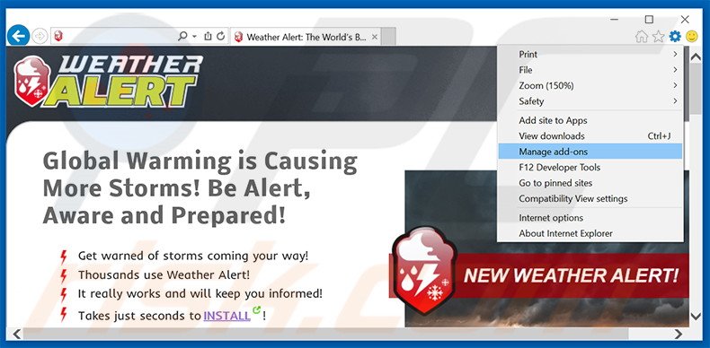 Removing Weather Alert ads from Internet Explorer step 1