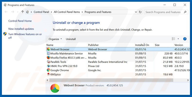 WebVeil adware uninstall via Control Panel