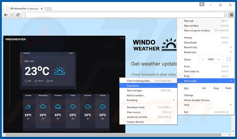 Removing Windoweather  ads from Google Chrome step 1