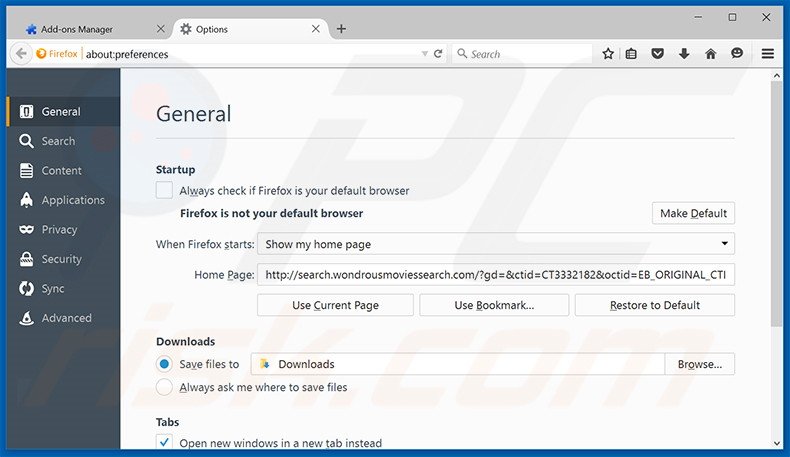 Removing search.wondrousmoviessearch.com from Mozilla Firefox homepage
