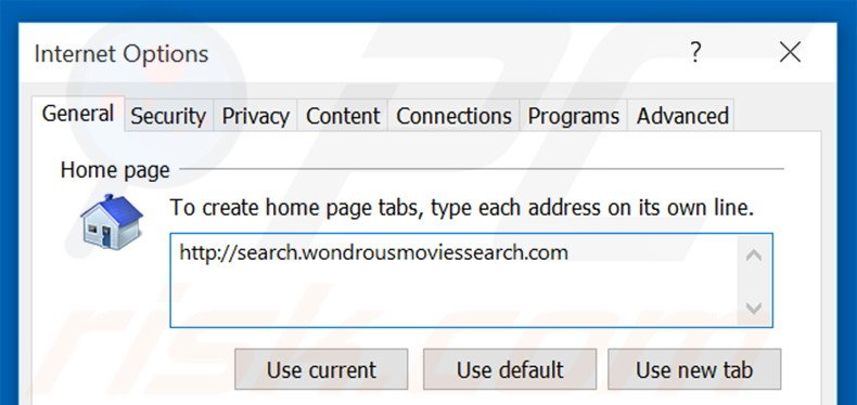Removing search.wondrousmoviessearch.com from Internet Explorer homepage