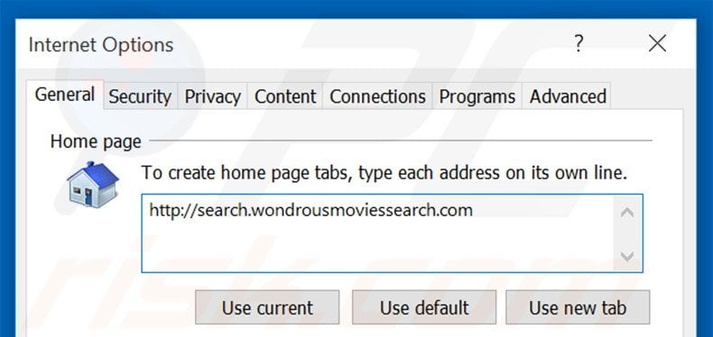 Removing search.wondrousmoviessearch.com from Internet Explorer homepage