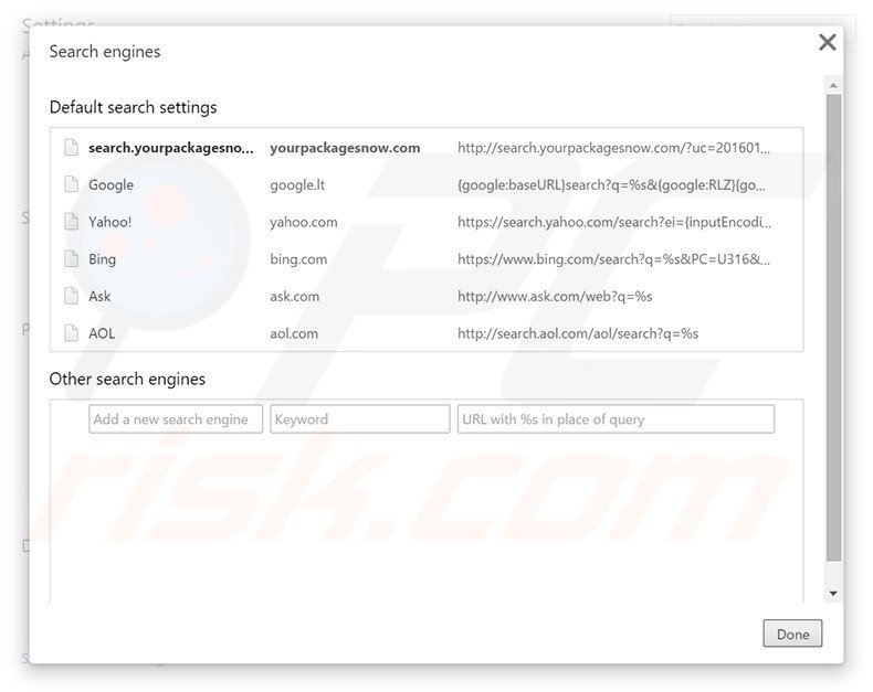 Removing search.yourpackagesnow.com from Google Chrome default search engine