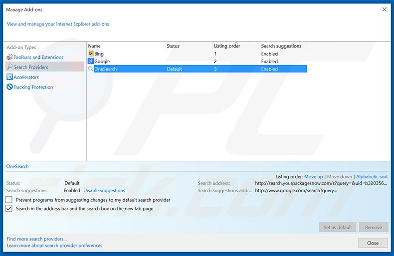 Removing search.yourpackagesnow.com from Internet Explorer default search engine